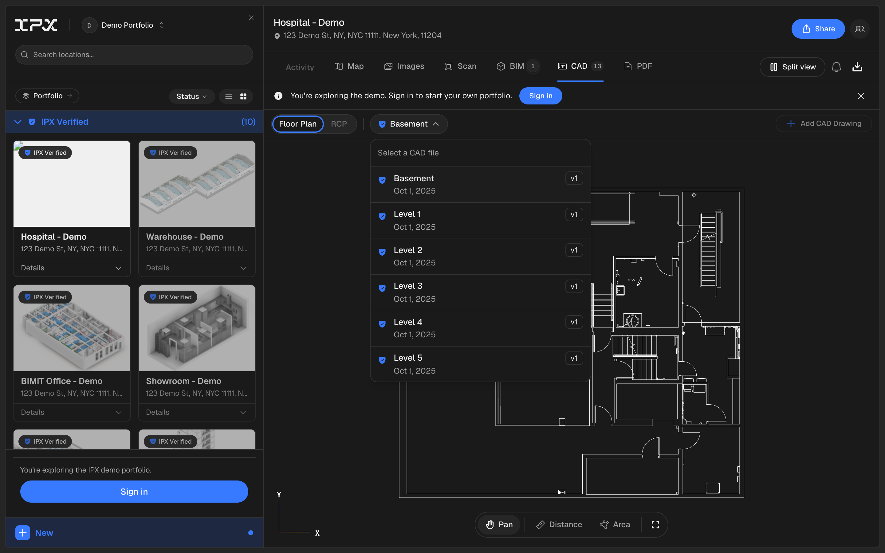 The demo CAD viewer with the level picker open and a loaded floor plan visible.