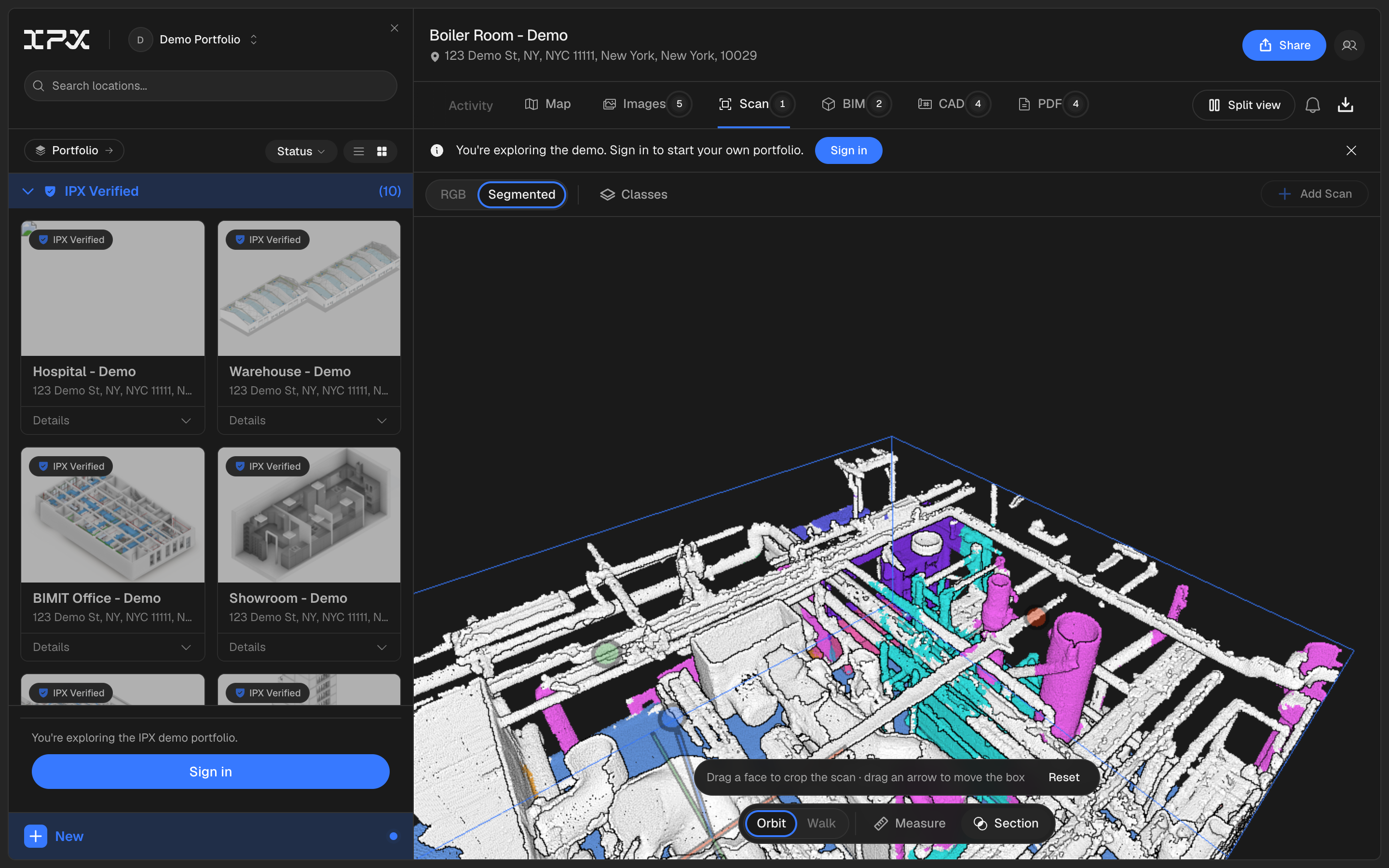 The Scan tab with Section toggled on, showing the blue section box with face and axis handles cutting through a point cloud, the hint strip and Reset button visible above the toolbar
