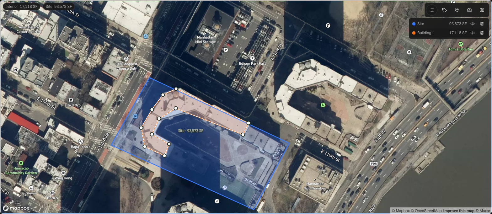 IPX Site Map editor with satellite imagery, an unsaved demonstration boundary and building footprint, and calculated site and interior areas.