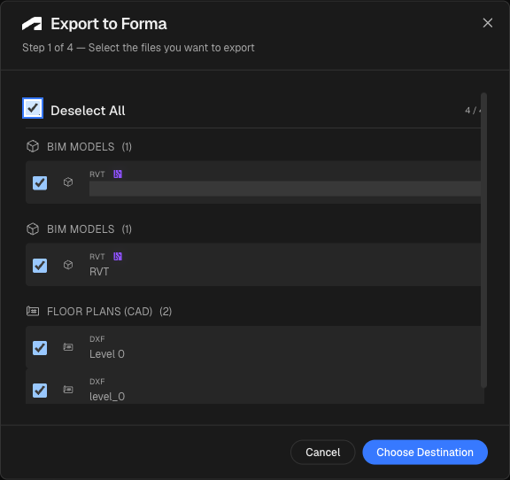 The current Autodesk export workflow in IPX, labeled Export to Forma, with BIM and CAD files selected before choosing a destination. An internal file identifier is redacted.