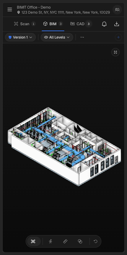 The IPX BIM viewer at a mobile viewport, showing the public BIMIT Office demo model, file tabs, level selector, and viewer controls.