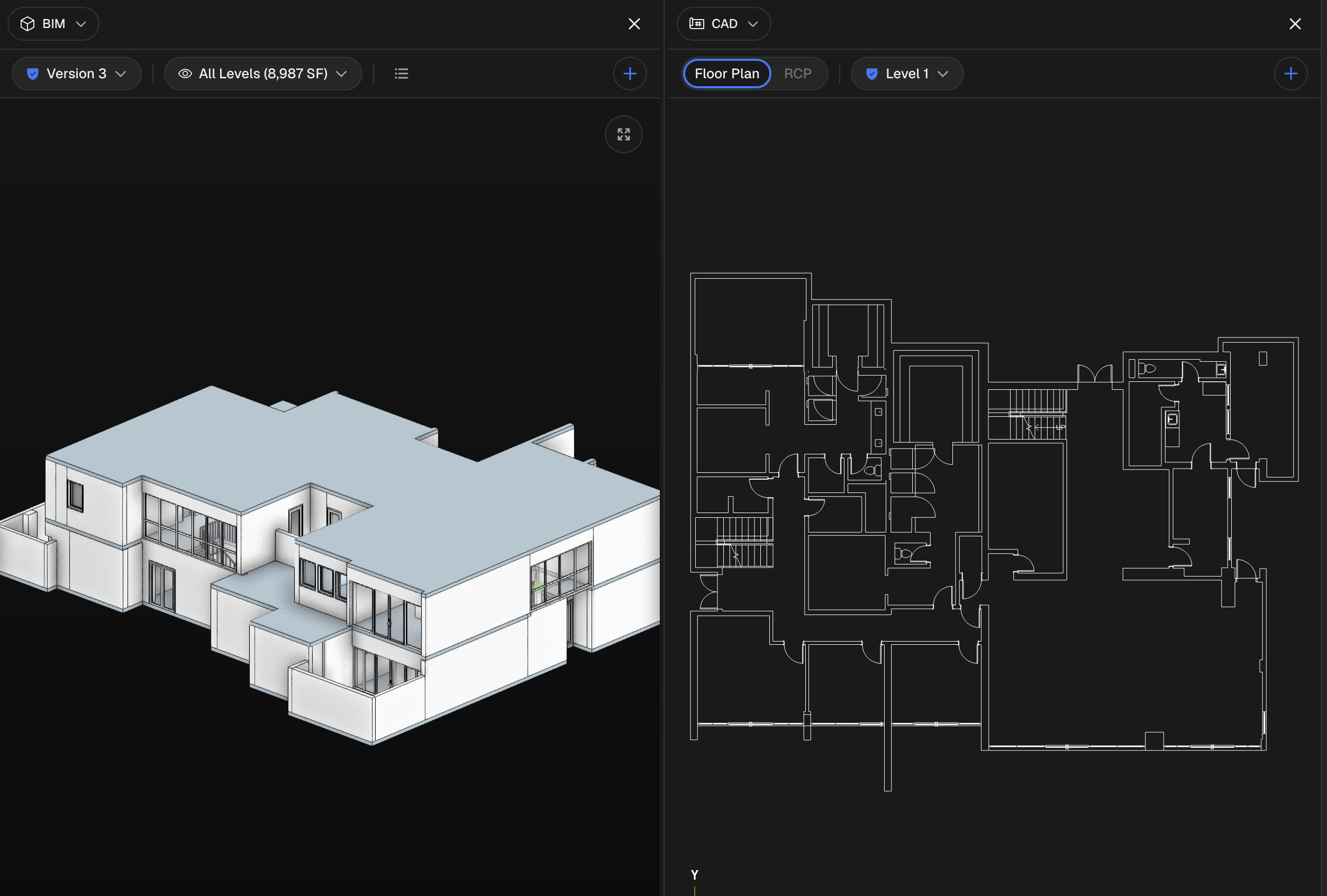 The viewer in Split view: two panes side by side, left pane the BIM model and right pane the point-cloud Scan, with each pane's Type / Asset breadcrumb picker visible at the top and the draggable divider between them.