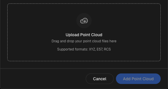 The real IPX point-cloud upload control, cropped to the drop zone, supported XYZ, E57 and RCS formats, and Add Point Cloud action.